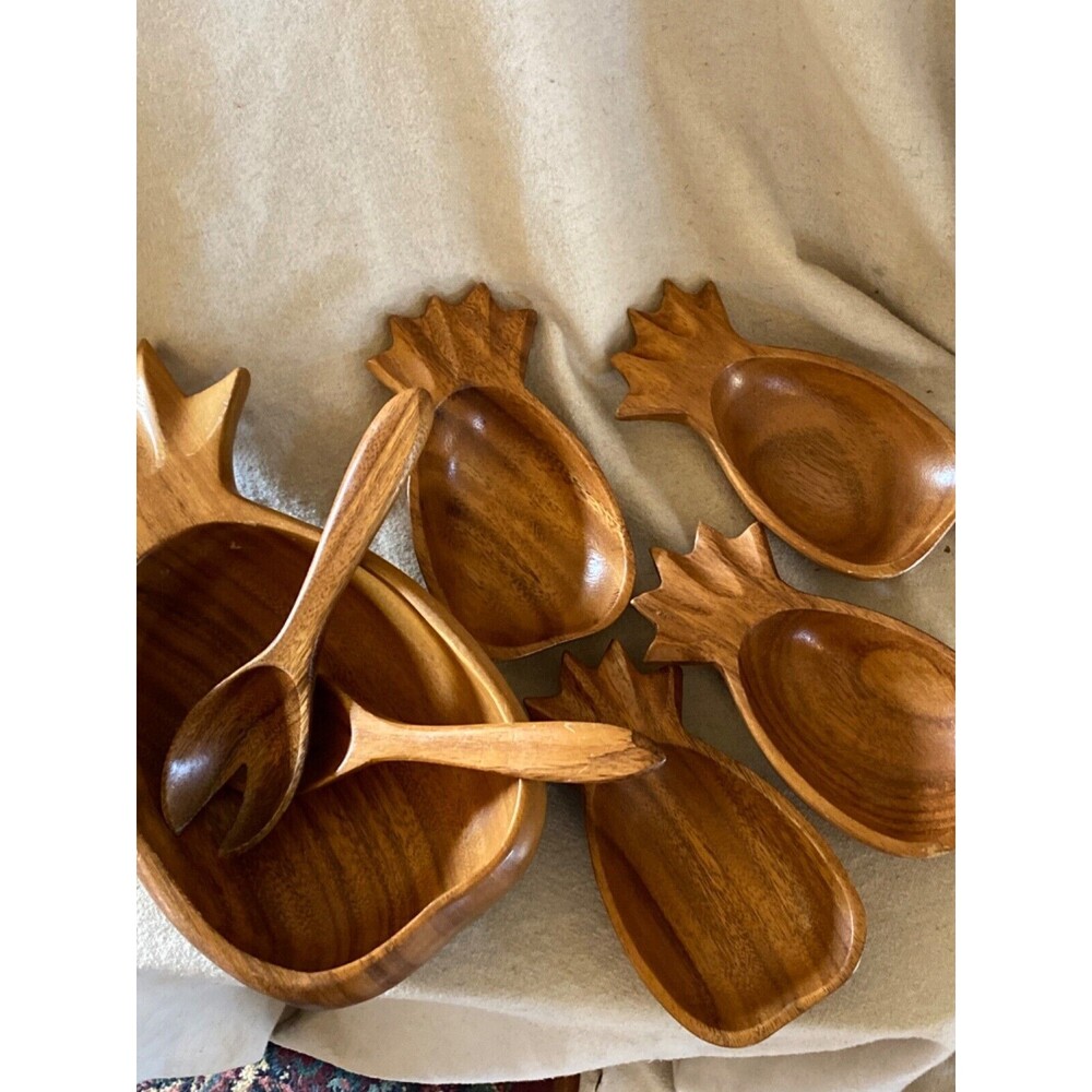 Hawaiian Monkey Pod Carved Pineapple Wood Salad Bowl 8Pc Set Vintage Tiki Decor